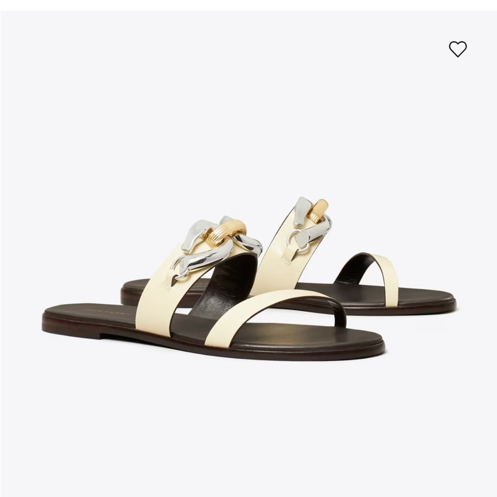 New Tory Burch Jessa two band Chain-Accent Flat Sandal in Cream